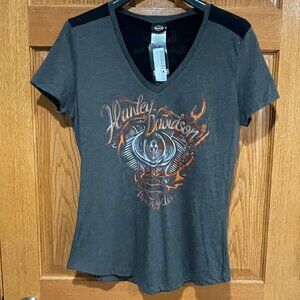 HARLEY-DAVIDSON Women's M Gray Black Short Sleeve Jamestown ND T-Shirt Shirt NWT